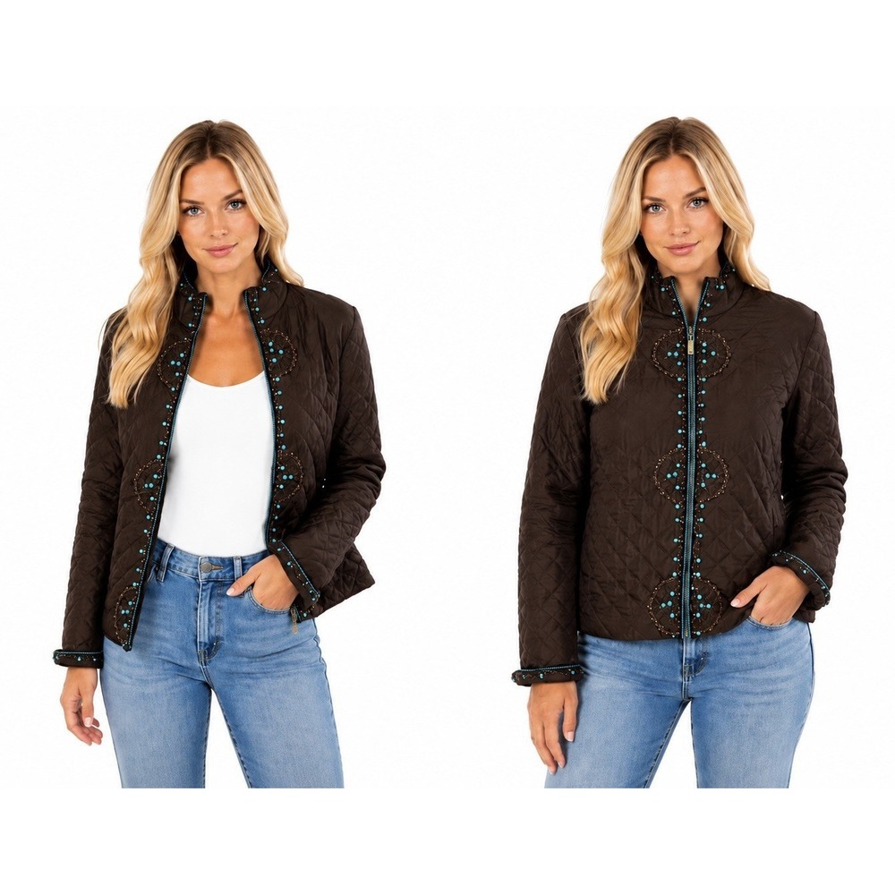 Silkland Quilted Beaded Jacket Brown Turquoise Western Boho Goblincore Artisan‎ - Picture 2 of 16